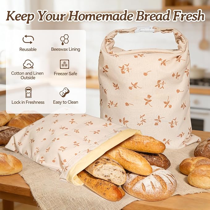 Beeswax Bread Bags for Sourdough, 2 pcs XL Zipper Reusable Bread Bags for Homemade Bread Soudough, Natural Cotton Linen Food Storage Bag for Picnics, Pantry, Long-Lasting Freshness (Rose Pattern)