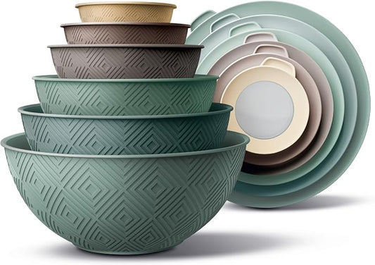 COOK WITH COLOR Mixing Bowls with Lids - 12 Piece Plastic Nesting Bowls Set includes 6 Prep Bowls and 6 Lids, Microwave Safe Mixing Bowl Set, Mint Rhombus