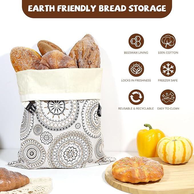 CHENGLIN Beeswax Cotton Bread Bags – Reusable Artisan Bread Storage Bags – Natural Linen & Beeswax for Sourdough, Baguette, and Loaf – Eco & Elegant