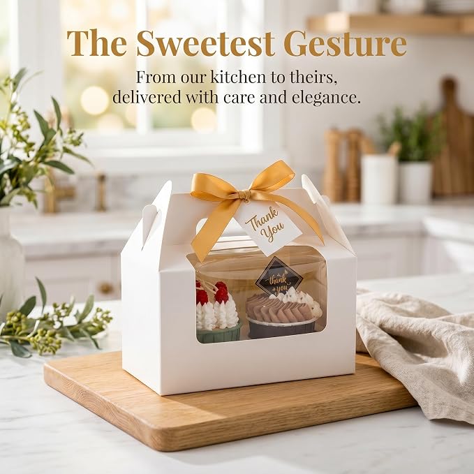 Jucoan 60 Pack 2 Count White Paper Cupcake Boxes with Insert, Handle and Window, Portable Cupcake Muffin Containers, Gable Bakery Gift Boxes Party Favor Treat Boxes for Wedding Birthday Father's Day