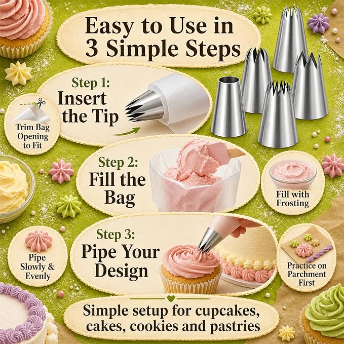 Suuker Large Piping Tips Set, Stainless Steel | 5 Pieces, 1A 1E 1C 9FT 356
