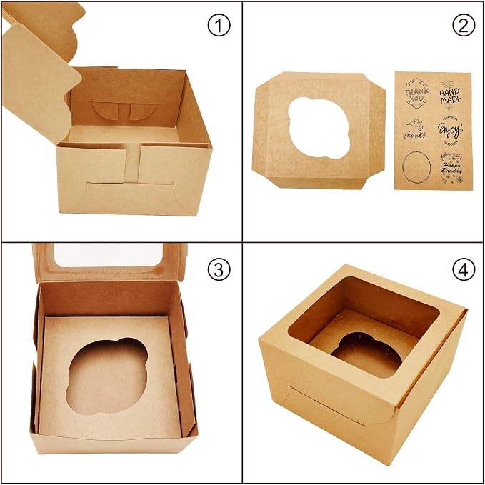 Jotique Cupcake Boxes with Window, 20 Sets 4.5x4.5x3 Inch Kraft Paper Bakery Boxes for Single Cupcake, Cookies and Muffins, Sturdy Disposable Treat Boxes for Individual Pastry, Baked Good, Gift Giving