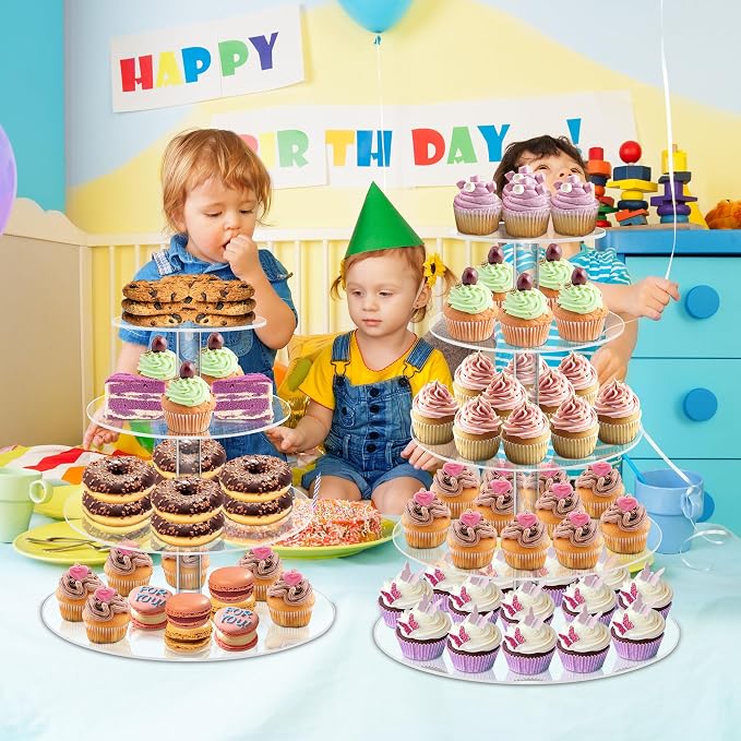 YestBuy 4 Tier Round Acrylic Cupcake Stand with Base, Premium Cupcake Holder, Acrylic Cupcake Tower Display Cady Bar Party Décor – Display for Pastry (4" Between 2 Layers)