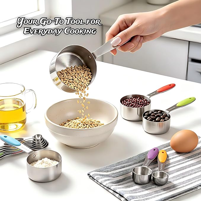 Premium Stainless Steel Measuring Cups and Spoons Set - 17-Piece Set with Magnetic Measuring Spoons, Non-Slip Silicone Handles, Perfect for Kitchen Baking & Cooking Tools