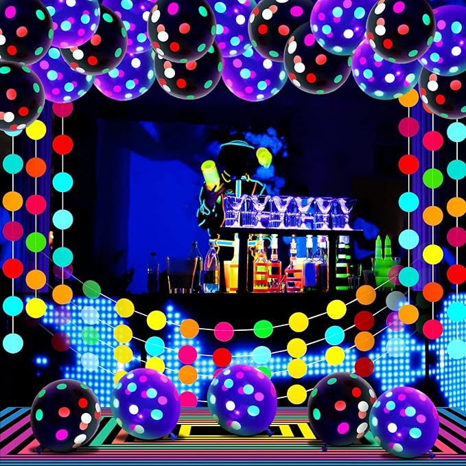 Skylety 32 Pcs Glow in The Dark Party Supplies Neon Party Favors with 25 Fluorescent Balloon 6 Rolls 98.4 ft UV Blacklight Luminous Tape 14.4 ft Neon Streamer Garland for Adults(Bright Big Dot)
