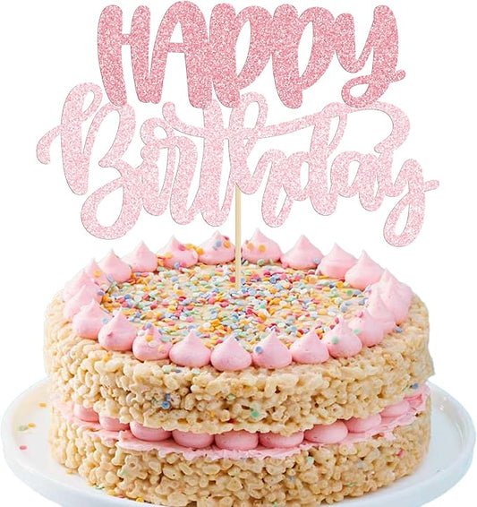Gyufise 1Pcs Happy Birthday Cake Topper Glitter Cake Pick for Celebrating Anniversary Theme Party Cake Decorations Supplies Pink