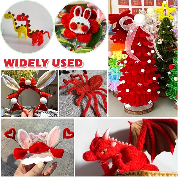 AHAMETON 620Pcs Pulm Red Pipe Cleaner Flower Kit, 6 Colors Bulk Pipe Cleaners Craft Supplies with Wires, Stamens, Ribbon, Tape, Card, DIY Flower Making for Gifts Home Decoration, Party & School Crafts