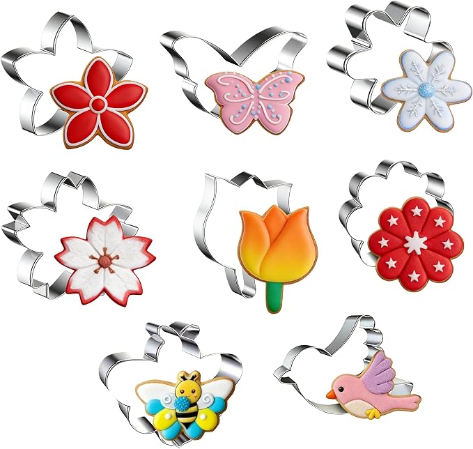 8 PCS Flower Cookie Cutters Set, Stainless Steel Flowers Cookie Cutters, Daisy, Tulip, 3 Shaped of Flowers, Butterfly,Cherry Blossom (Bee & Bird) (silver)