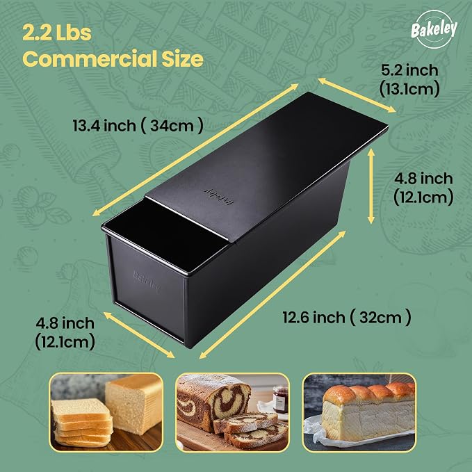 Commercial Pullman Loaf Pan with Lid, 2.2Lb Dough Capacity Non-stick Rectangle Flat Toast Box for Oven Baking 13.6"×5.4"×4.7"(Black)