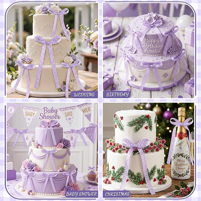 30 PCS Bow Cupcake Topper Purple Gingham Ribbon Bows for Cake Handmade Bow Birthday Decorations for Weddings, Baby Showers, Wedding, Engagements and Dessert Tables