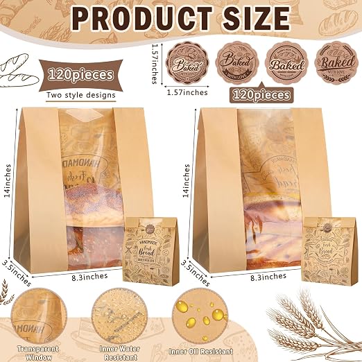Spakon 120 Pcs Large Bread Bags for Homemade Bread with Window 14 x 8.3 x 3.5 Inch Kraft Paper Sourdough Bakery Bags 120 Baked with Love Stickers for Storage Cookies and Snacks Baked Food Packaging