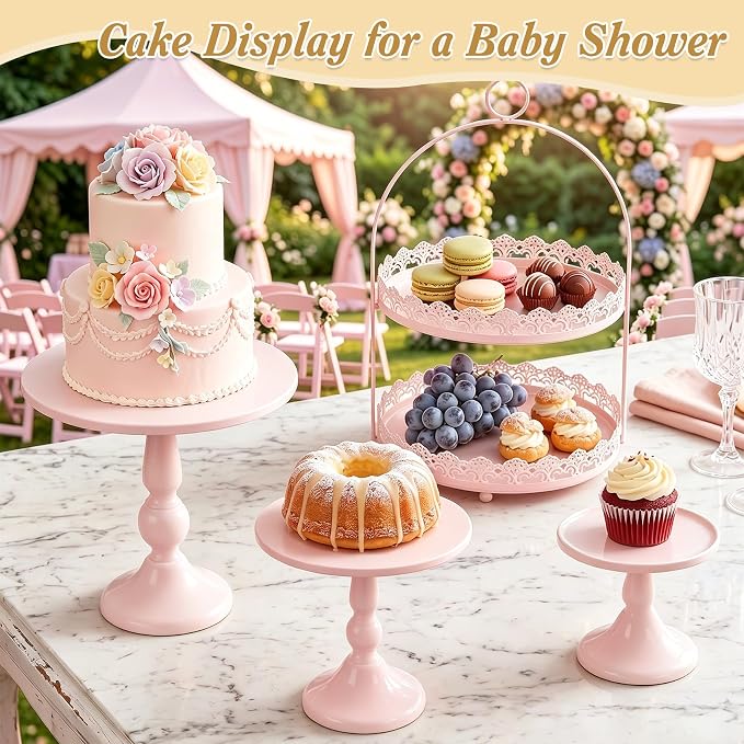 HAISIWLKJ 10 Pcs Pink Cake Stand Set Metal Cupcake Stands, Multiple Styles Dessert Display Tower for Candy Fruit, Cake Serving Trays for Birthday, Wedding, Anniversary, Baby Shower, Engagement Party