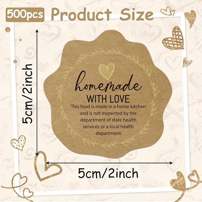 PANTIDE Cottage Food Law Labels Stickers - 500 Count Homemade with Love Adhesive Wax Seal-Style Decal Roll, Made in A Home Kitchen Inspection Statement Thermal Printed (2 x 2 Inch, Kraft Brown)