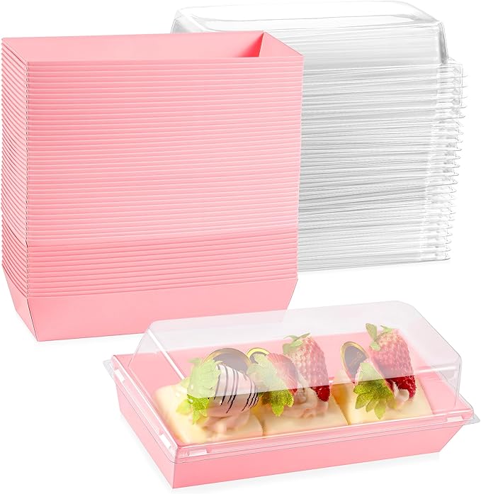 Leafiew 50 Pack 7.5x3.3 Inches Small Clear Treat Boxes-Dessert Boxes To Go-Disposable Paper Mini Containers for Cookie, Cake Slice, Charcuterie, Bakery, Pastry, Strawberry, Baked Goods Packaging(Pink)