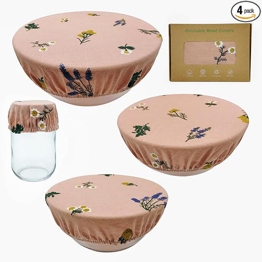 Reusable Bowl Covers (Set of 4) - Breathable Cotton Linen Sourdough Accessories - Elastic Durable Fabric Food Lids for Proofing Baskets & Bread Baking Supplies (Dusty Peach)
