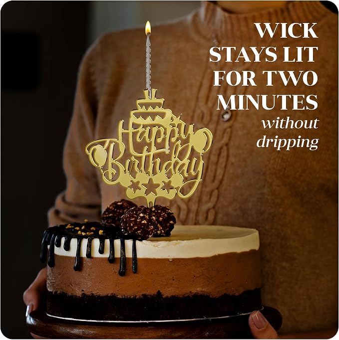 Happy Birthday Cake Topper Candle for Birthday Party Decorations, Acrylic Golden, 2 Wicks, 2 pcs.