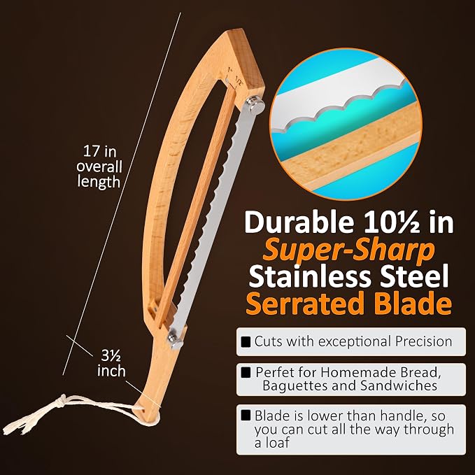 Adjustable Bread Knife for Homemade Bread - Bread Slicer with 1/2-inch and 1-inch Thickness Guides - 17 inch Bread Cutter - Bow Design Easy to Cutting Even Slices for Sourdough Baguettes Sandwiches