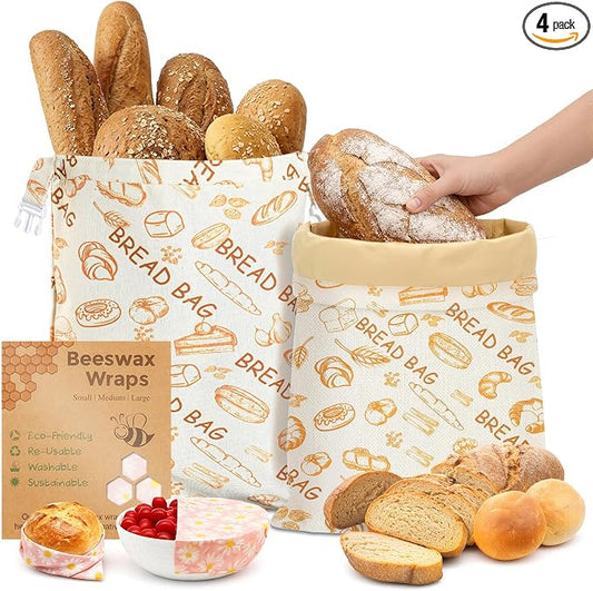 2 Pack Beeswax Bread Bags for Sourdough, XL Reusable Organic Beeswax Linen Cotton Sourdough Bag– Freezer-Friendly & Freshness Preservation, Natural Living Essential, Includes 2 Beeswax Wraps