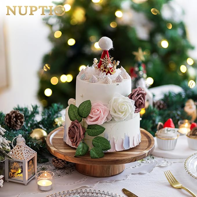 NUPTIO Wooden Wedding Cake Stand: 11.5 Inch Acacia Wood Cake Display Holder 4 in 1 Cup Cake Stands Serving Tray Fruit Dish Sauce Bowl for Anniversary Party Home Kitchen Centerpiece Decor - 10" Cake