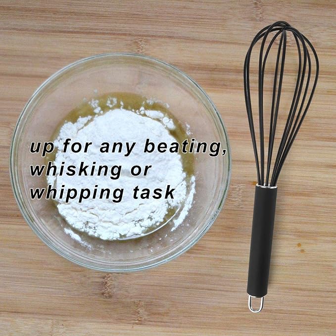 GorGin high temperature and easy to clean silicone whisk, stirrer, 10 inch, grip good grip design for Blending Whisking Beating Stirring Cooking Baking (1 Pack | black)