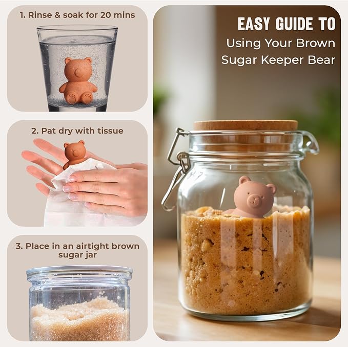 Brown Sugar Bear Keeper – 3D Terracotta Clay Sugar Saver Softener, Reusable Moisture Stone for Brown Sugar, Cookies, Marshmallows, Herbs, Baking & Kitchen Storage