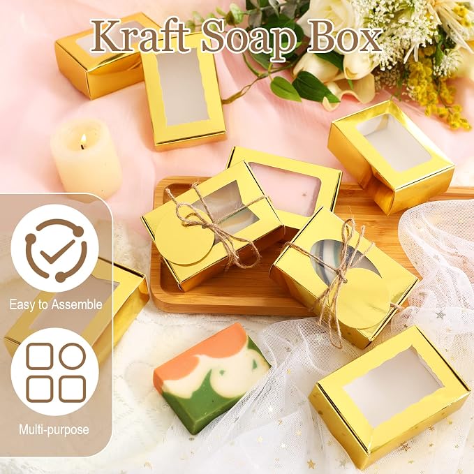 Yexiya 60 Pcs Homemade Soap Boxes 3.55 x 2.4 x 1.2 Inch Kraft Soap Box with Window Mini Gift Packaging Supplies for Homemade Bakery Candy Cookies Party Favor(Gold)