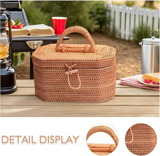 Zerodeko Rattan Storage Box 10.62 Inch Woven Basket Portable Fruit Storage Basket with Lid for Kitchen Dining Home Decor Organizer