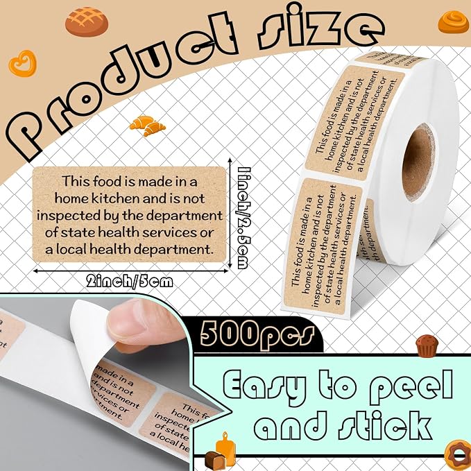 Marspark 500 Count Cottage Food Law Labels Stickers Made in A Home Kitchen Inspection Statement Thermal Printed Labels for Home Kitchen (2 x 1 Inch,Classic,Kraft)