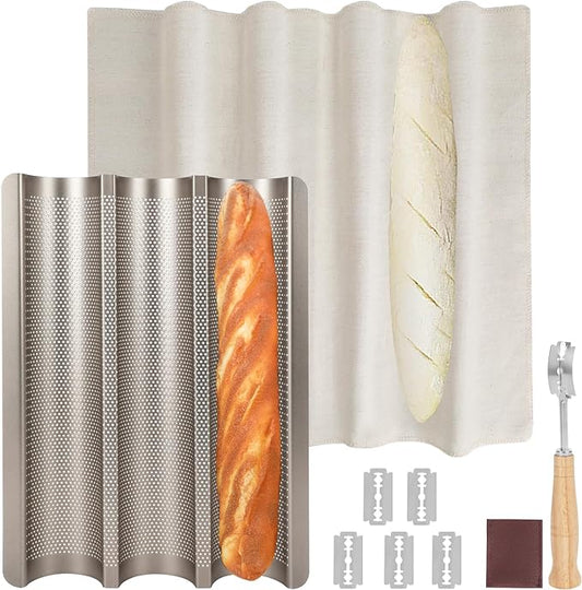 Baguette Bread Pan, Perforated French Bread Pan, Nonstick Bread Pans for Baking, with Baguette Kit – Includes Proofing Cloth & Dough Cutter, 15x11 Inch Golden, 3 Loaf