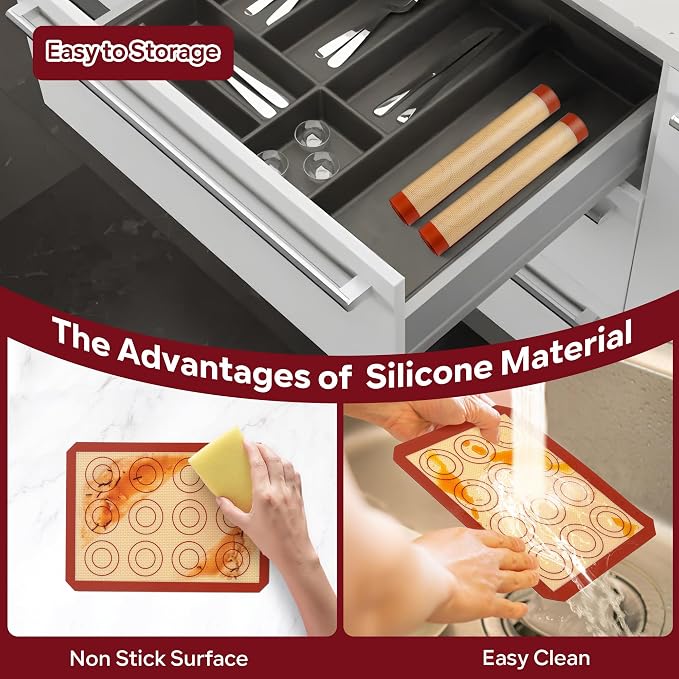 P&P CHEF 8.6 Inch Silicone Baking Mats, 2 Pcs Reusable Silicone Oven Mat, Non Stick Baking Supplies for Macaroon Pastry Bread Dough Cookie, Fits Well with Sheet Pan, Healthy & Easy Clean