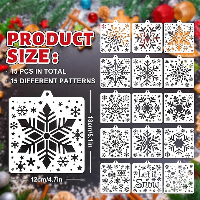 Whaline 15 Pcs Snowflake Cookie Stencils Painting Stencils Christmas Decorative Biscuit Cake Baking Templates with Bead Chain for Xmas Winter Holiday Party DIY Craft, 4.7 x 5.1 Inch