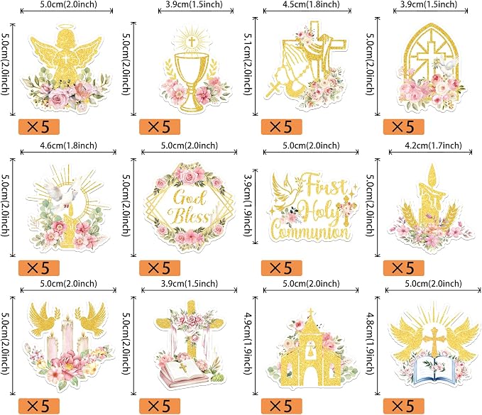 60 PCS Edible God Bless Cupcake Toppers Dove Cross Baptism Cupcake Picks Edible Floral First Holy Communion Cake Decorations for Gold Bless Baptism Theme Baby Shower Birthday Party Supplies Pink