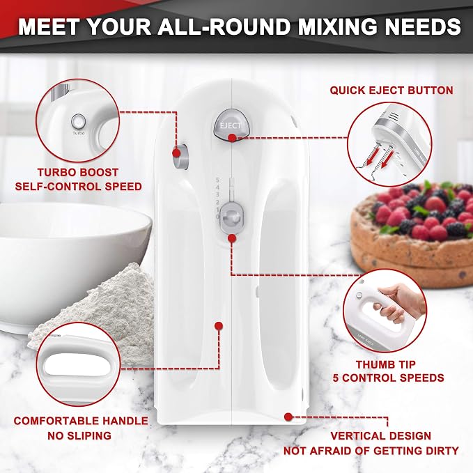 Lord Eagle Hand Mixer Electric Handheld 400W, 5-Speed Lightweight Kitchen Mixer with Stain-resistant & Waterproof Storage Bag, 5 Stainless Steel Attachments for Baking Cake Egg Cream Food Beater