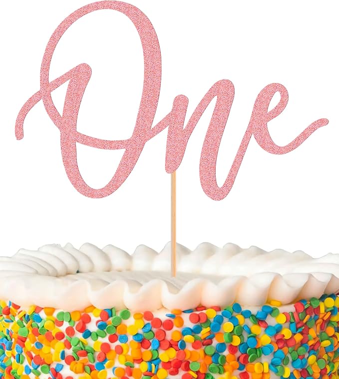 MYAMPED First Birthday Cake Topper - Glitter Pink 'One' Sign, Suitable for Shower Favors, Gender Reveal, Party or Photo Booth Props