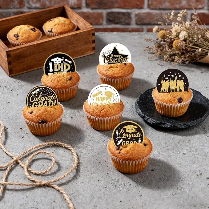 63 PCS Edible 2026 Graduation Cupcake Toppers Wafer Paper Class of 2026 Cake Decorations Edible Diploma Congrats Grad Cap Cupcake Picks for Congratulations 2026 Graduation Theme Party Supplies Gold