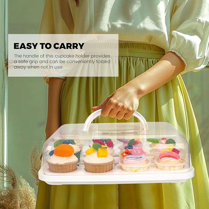 NPLUX Cupcake Containers with Lid Rectangular Cake Carrier 3-in-1 Multipurpose Cupcake Holder for Muffins Pies Sweets Pastries Fruit or Snacks (White, 13" x 9" x 4")