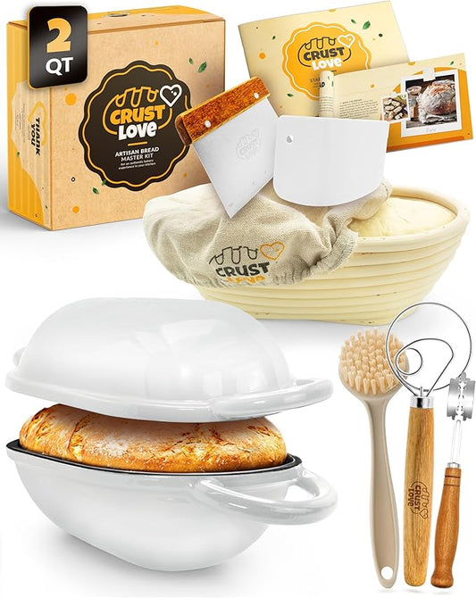 CRUSTLOVE Loaf Pan for Bread Baking - incl. Sourdough Bread-Baking Supplies like Banneton Bread-Proofing Basket - 2QT Enameled Oval Cast Iron Dutch Oven, Bread-Oven, Sour Dough Bread-Banking-Pan Tools