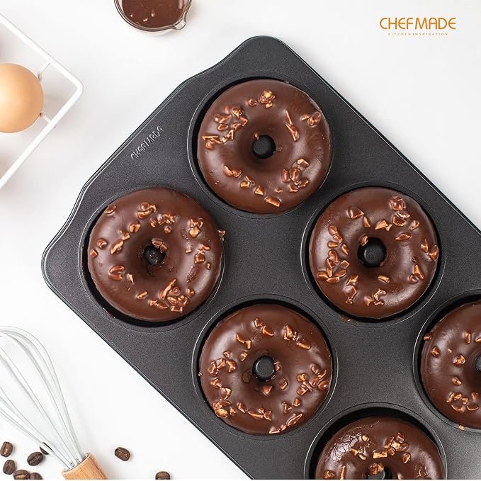 CHEFMADE Donut Pan, Nonstick 6 Cavity Jumbo Ring Doughnut Pan for Baking Cookies Bagel, Set of 2 (Black)