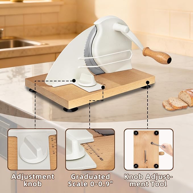 Manual Bread Slicer for Homemade Sourdough Bread, Adjustable Thickness Bread Cutter with Hand Crank, Slicing Guide, Scale Line, Stainless Steel Blade & Suction Cups, for Perfect Even Slices (Cream)