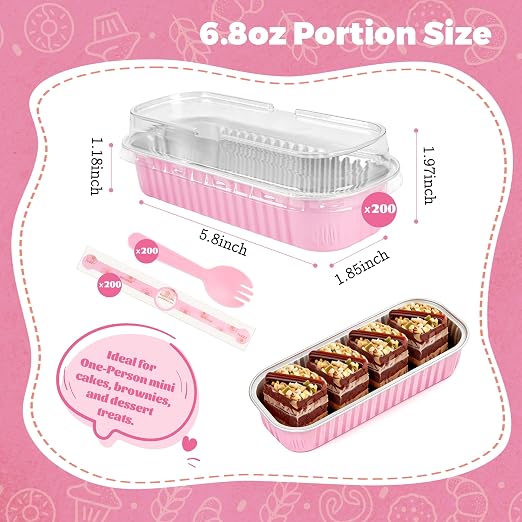 NPLUX Mini Cake Pans with Lids, Spoons and Stickers, 200 Pack 6.8 oz Pink Disposable Aluminum Foil Baking Pans, Rectangular Mini Loaf Containers for Brownies, Cheesecake, Banana Bread and Bake Sale