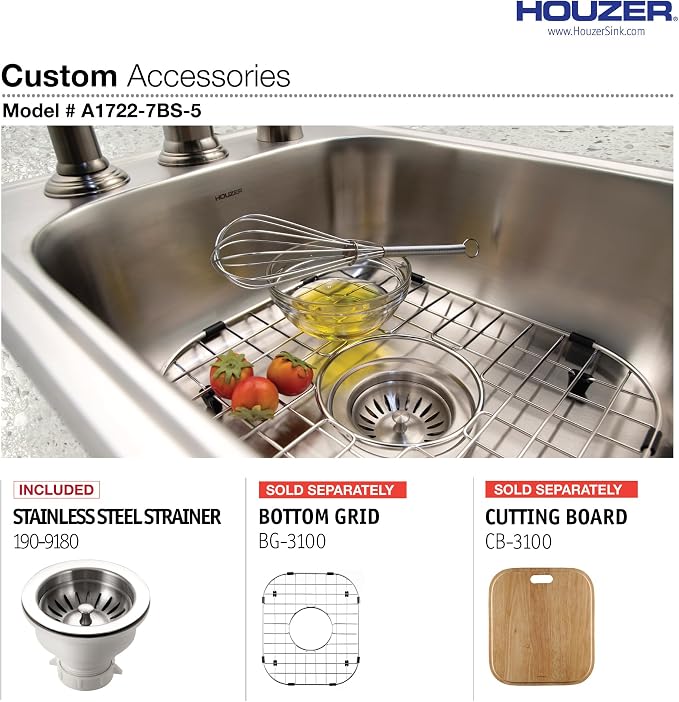 Houzer Glowtone ADA Compliant Stainless Steel Kitchen Bar & Prep Sink - 17 Inch Drop-in Topmount 3-Hole Large Sink, Durable & Versatile, Essential for Home & Apartment, 10-Pack - A1722-7BS-10