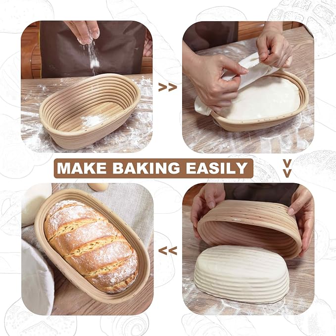 Banneton Bread Proofing Basket set of 2, 9.8 Inch Oval Sourdough Proofing Baskets with Liner,Dough Proofing Bowls,Made of Natural rattan,for Sourdough Bread Baking Supplies