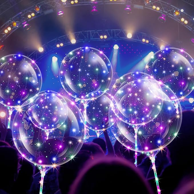 Libima 100 Pcs Light up LED Balloons Bulk 20 Inches Clear Flashing Glow in The Dark Balloon with Handles and String Lights for Easter Holiday Wedding Birthday Party Yard Outdoor Decoration (Colorful)
