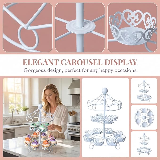 ASkinds Carousel Cupcake Stand Dessert Serving Tray, 12-Cups Iron Cake Display Rack Cupcake Stand for Carnival and Circus Theme Party Wedding Party Furnishing Accessories (White)