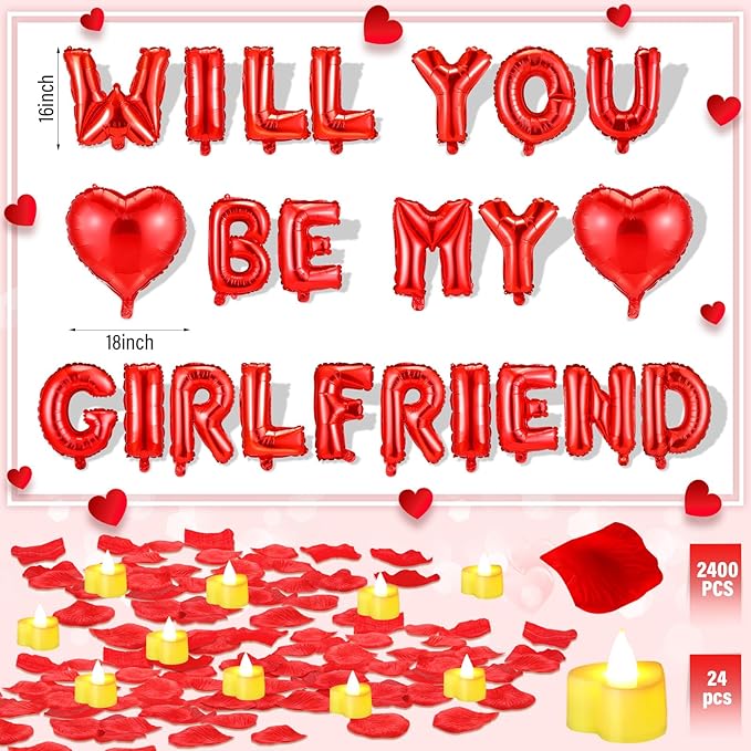 Will You Be My Girlfriend Balloon Proposal Decor 24 LED Flameless Tealight Heart Candle 2000 Artificial Rose Petals Love Balloon for Engagement Wedding Decor Romantic Special Night(White)