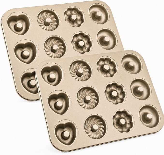 2 Pack Mini Bundt Cake Pans for Baking, 12 Cavity Nonstick Mini Cake Pan with Flower & Heart Shapes, Carbon Steel Donut Mold for Brownies, Desserts & Homemade Treats, Gold