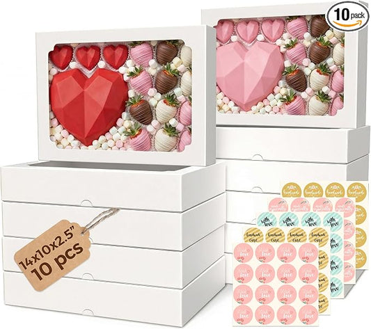 10pcs Cookie Boxes with Window 14x10x2.5 inch, Large Bakery Boxes, Auto-Popup Treat Box for Desserts, Chocolate Covered Strawberries, Breakable Heart, Pastries, Cajas Para Postres with 80 Stickers