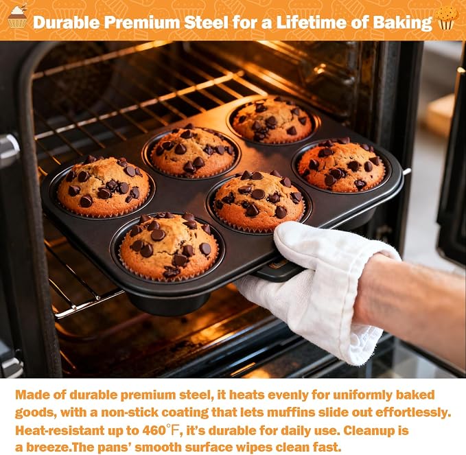 Mity rain 2 Pack Jumbo Muffin Pan, Premium Carbon Steel 6-Cup Cupcake Pan, with 80 Non-Stick Paper Liners & 6 Reusable Silicone Liners, Ideal for Party, Christmas, Home Baking Supplies