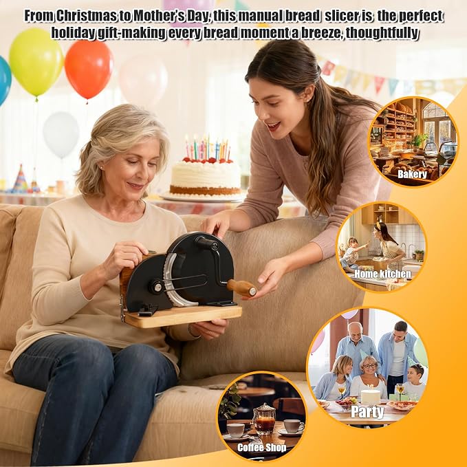Manual Bread Slicer,Multi-Functional Foldable Hand-Cranked Bread Slicer with Steel Guard Plate and Non-Slip Base Pad Features Adjustable Thickness with Scale Lines for Even slicing Homemade(Black)