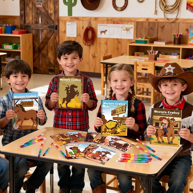 BenLouis 12 Western Cowboy Mini Coloring Books Kids with 12 Stacking Crayons Wild West Party Favors Small Activity Books Bulk for Kids Yee Haw Rodeo Party Horse Gift Goodie Bag Stuffers